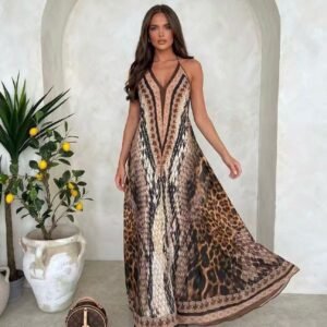 Luxe Maxi Jurk Dames met Animal Print – Zomer Halterjurk