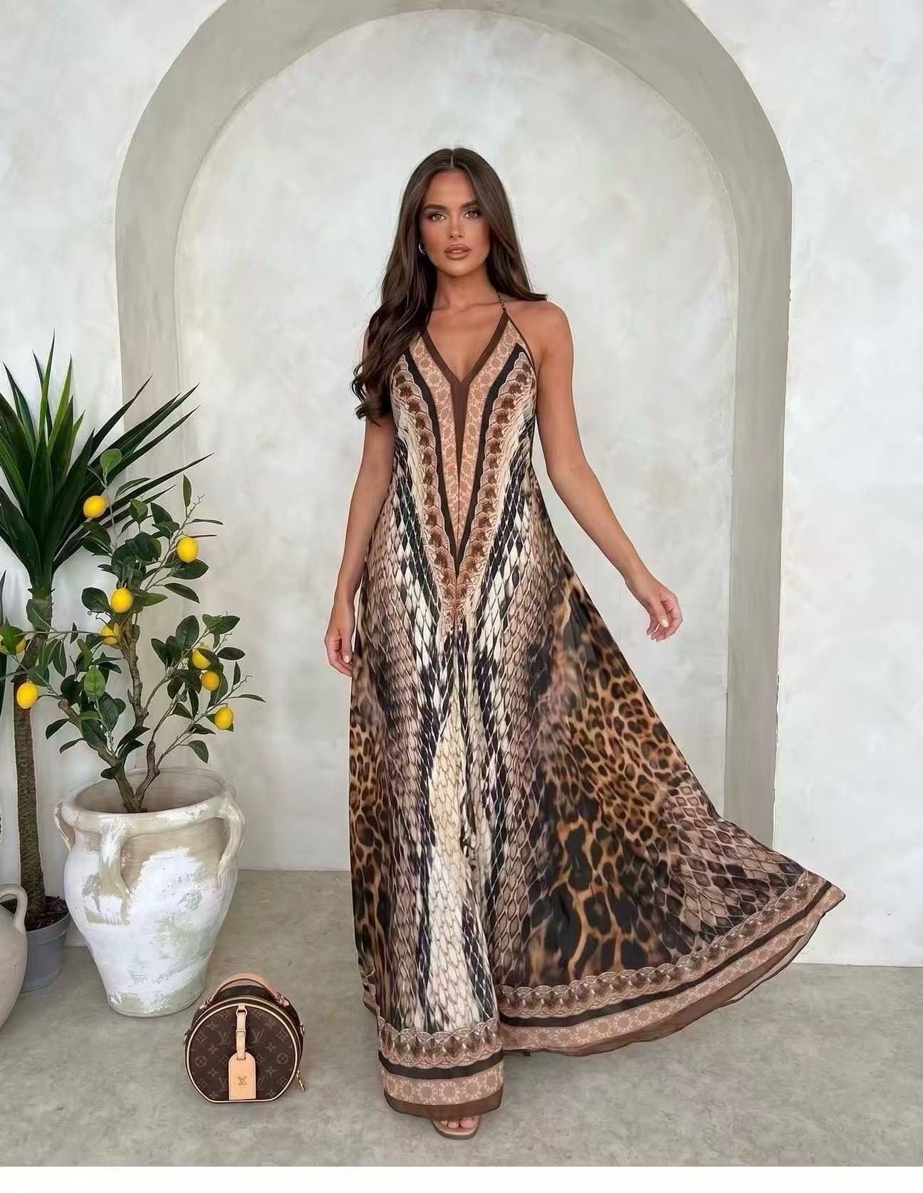 Luxe Maxi Jurk Dames met Animal Print – Zomer Halterjurk
