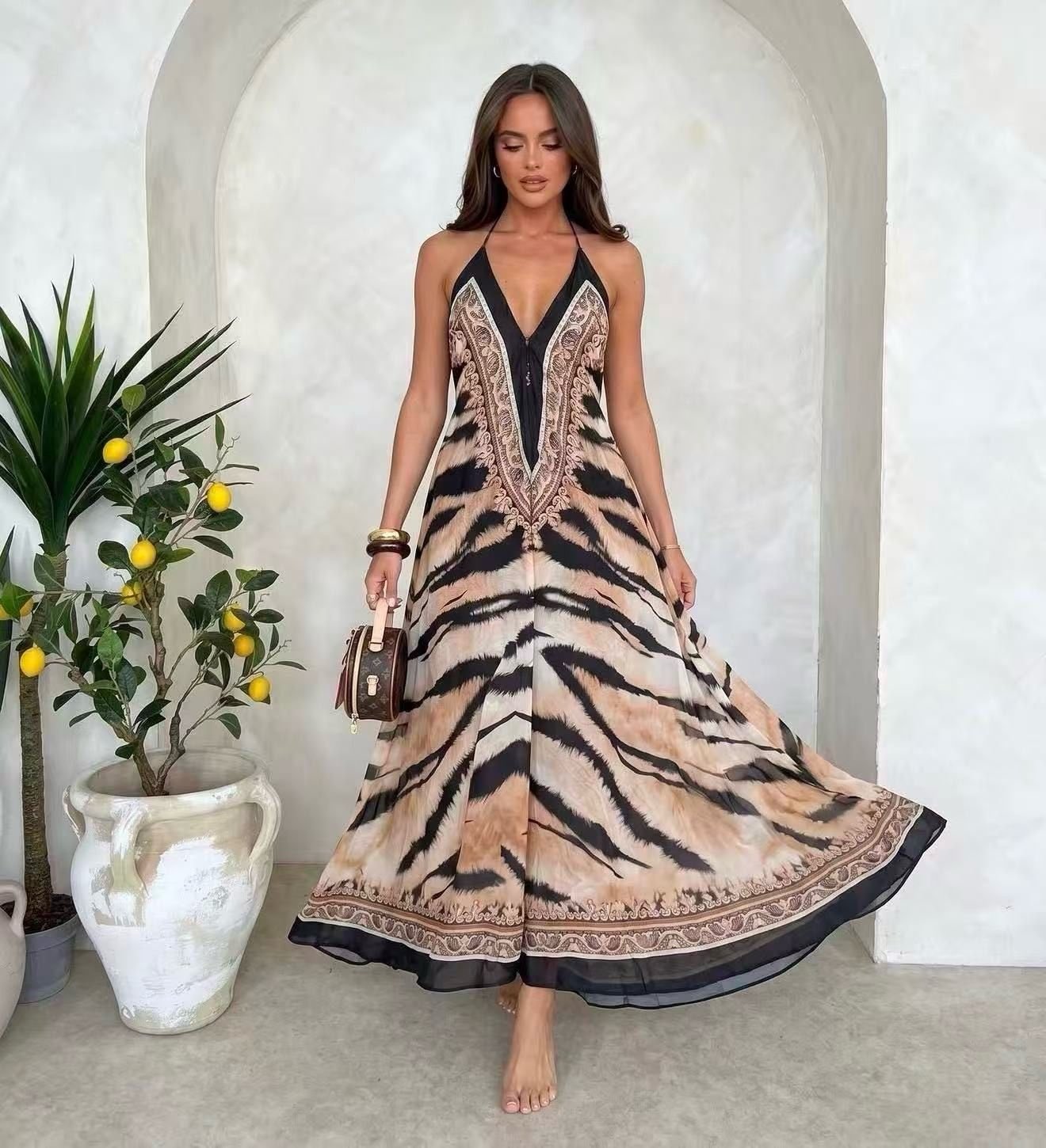 Luxe Maxi Jurk Dames met Animal Print – Zomer Halterjurk - Afbeelding 2