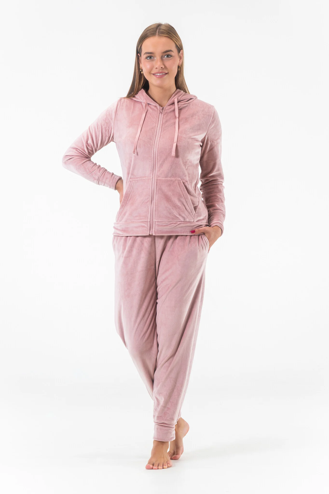 Roze Gaubert dames velours huispak met capuchon en rits